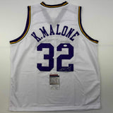Autographed/Signed Karl Malone Utah White Retro Basketball Jersey JSA COA