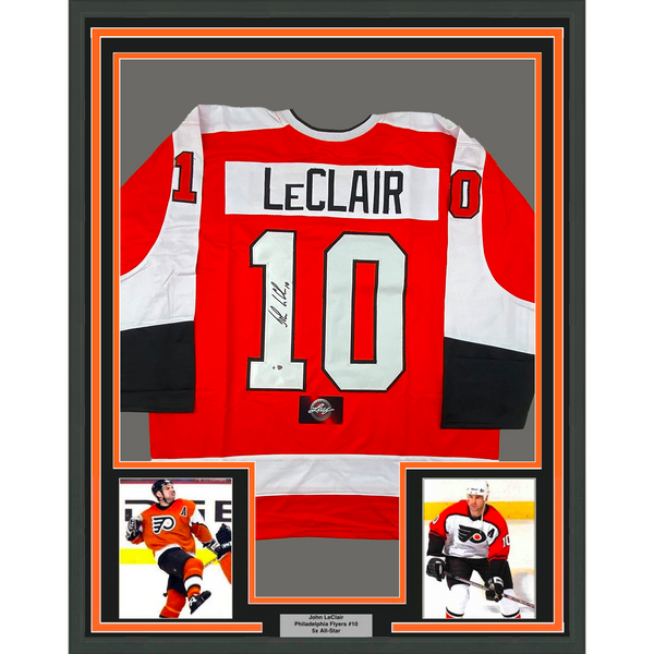 Framed Autographed/Signed John LeClair 33x42 Orange Jersey Leaf Authentics COA