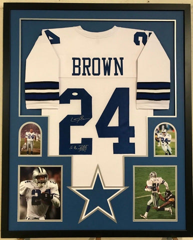 FRAMED DALLAS COWBOYS LARRY BROWN AUTOGRAPHED SIGNED INSCRIBED JERSEY JSA COA