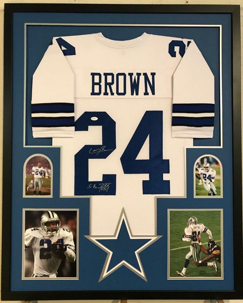 FRAMED DALLAS COWBOYS LARRY BROWN AUTOGRAPHED SIGNED INSCRIBED JERSEY JSA COA