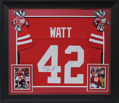 Wisconsin T.J. Watt Authentic Signed Red Pro Style Framed Jersey BAS Witnessed