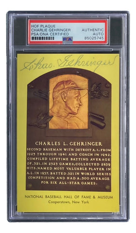 Charlie Gehringer Signed 4x6 Detroit Tigers HOF Plaque Card PSA 85025745