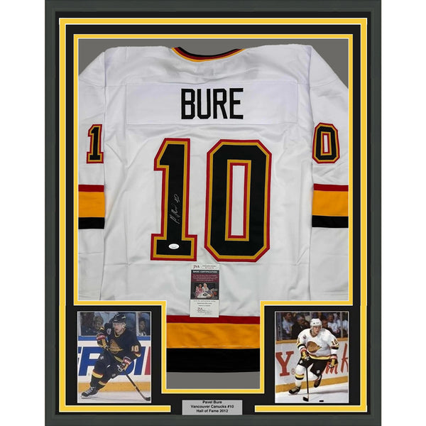 Framed Autographed/Signed Pavel Bure 35x39 Vancouver White Hockey Jersey JSA COA