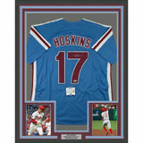 FRAMED Autographed/Signed RHYS HOSKINS 33x42 Retro Blue Jersey Beckett COA
