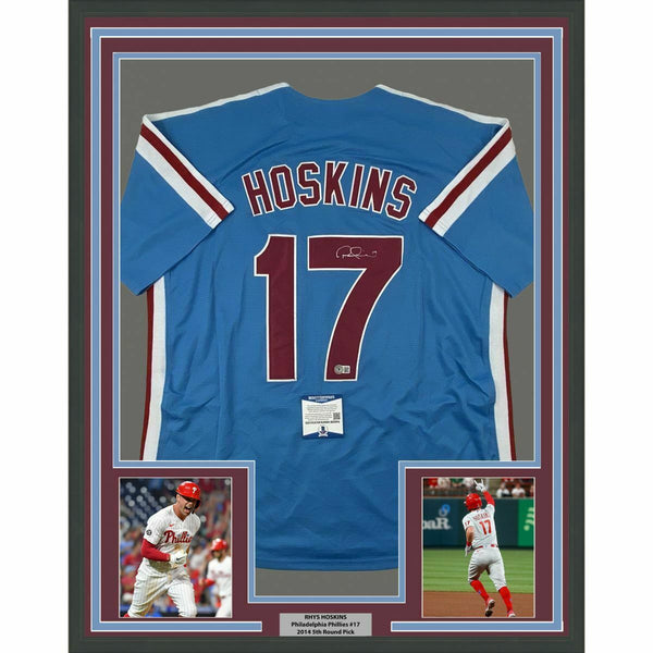FRAMED Autographed/Signed RHYS HOSKINS 33x42 Retro Blue Jersey Beckett COA