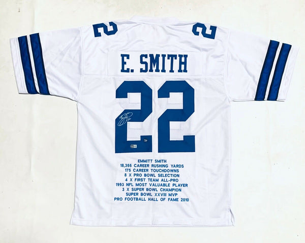 EMMITT SMITH AUTOGRAPHED SIGNED PRO STYLE XL STAT JERSEY W/ BECKETT COA