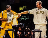 Larry Bird Magic Johnson Dual Signed 16x20 Celtics Shirt Pull Photo PSA+BAS