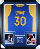 STEPH CURRY (Warriors blue TOWER) Signed Autographed Framed Jersey JSA