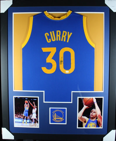 STEPH CURRY (Warriors blue TOWER) Signed Autographed Framed Jersey JSA