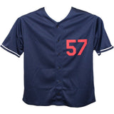 Shane Bieber Autographed/Signed Pro Style sz XL Navy Jersey Beckett 43408