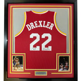 Framed Autographed/Signed Clyde Drexler 35x39 Houston Red Jersey BAS COA