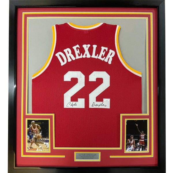 Framed Autographed/Signed Clyde Drexler 35x39 Houston Red Jersey BAS COA