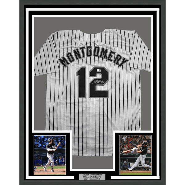 Framed Autographed Colson Montgomery 35x39 Chicago Pinstripe Jersey BAS COA