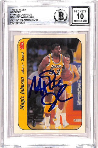 Magic Johnson Signed 1986 Fleer Sticker #7 Grade 10 Auto Card Beckett 38405