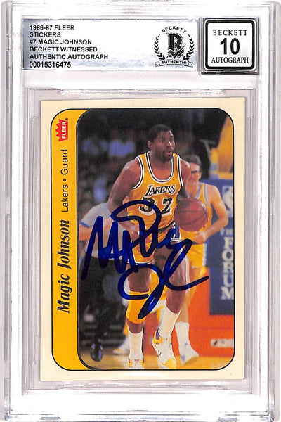 Magic Johnson Signed 1986 Fleer Sticker #7 Grade 10 Auto Card Beckett 38405