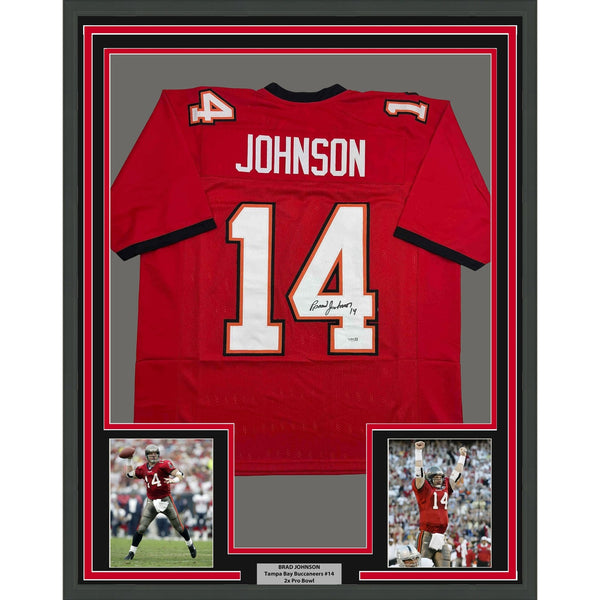 Framed Autographed/Signed Brad Johnson 35x39 Tampa Bay Red Jersey BAS COA