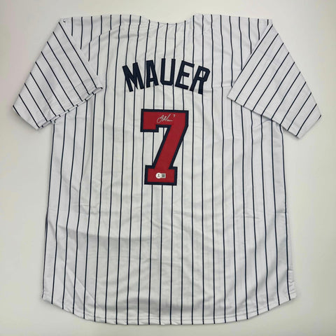 Autographed/Signed Joe Mauer Minnesota Pinstripe Jersey Beckett BAS COA