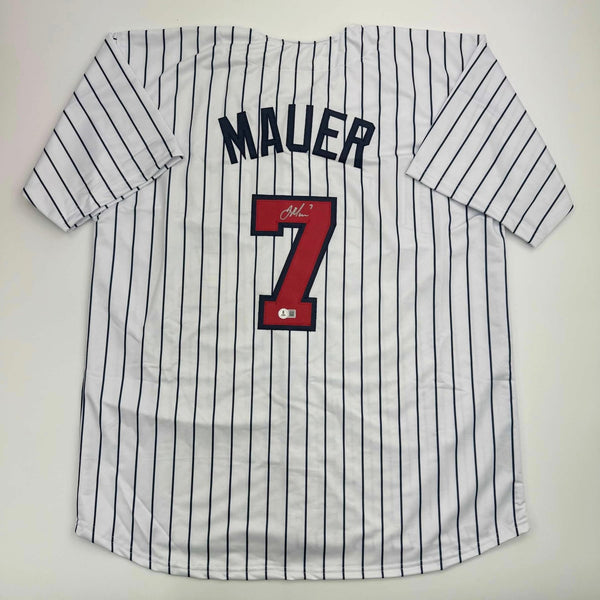 Autographed/Signed Joe Mauer Minnesota Pinstripe Jersey Beckett BAS COA