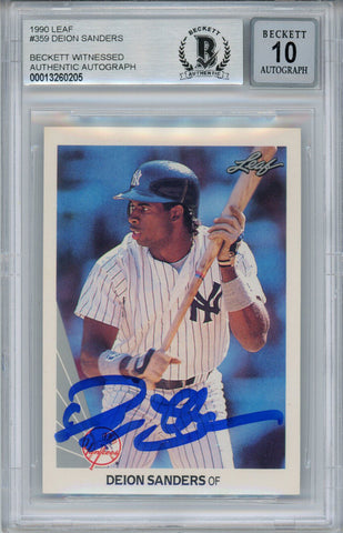 Deion Sanders Autographed/Signed 1990 Leaf Rookie Card BAS 10 Slab 33892
