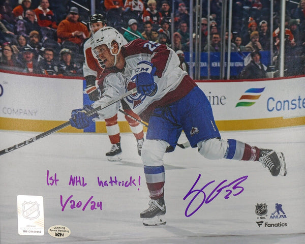 Logan O'Connor Signed Colorado Avalanche 8x10 Photo "1st NHL Hatrick!" "1/2 LSM