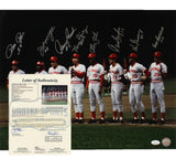 J Bench, P Rose, T Perez Signed Cincinnati Reds Unframed 16x20 Photo 8 sigs