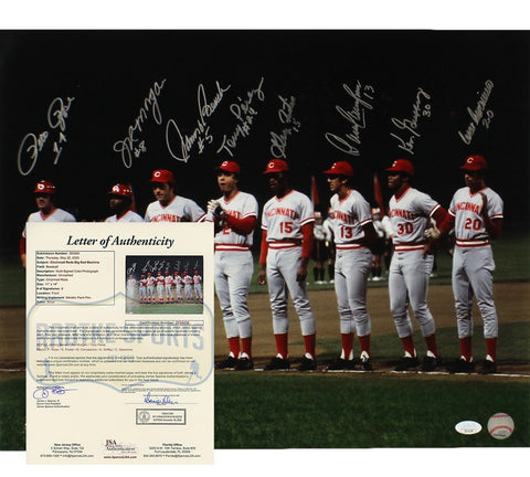 J Bench, P Rose, T Perez Signed Cincinnati Reds Unframed 16x20 Photo 8 sigs