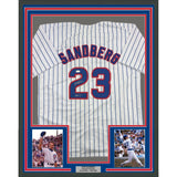 Framed Autographed/Signed Ryne Sandberg 35x39 HOF 05 Pinstripe Jersey JSA COA
