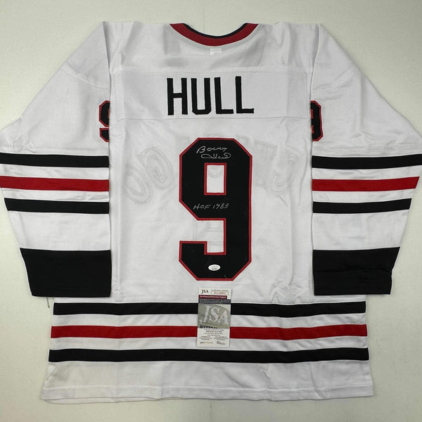 Autographed/Signed Bobby Hull HOF 1983 Chicago White Hockey Jersey JSA COA