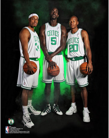 Kevin Garnett, Paul Pierce and Ray Allen Boston Celtics White Jersey 11x14 Photo