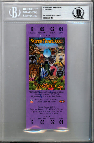 John Elway Autographed SB XXXII Purple Ticket Denver Broncos Beckett #9770187