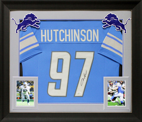 Aidan Hutchinson Signed Blue Pro Style Framed Jersey Signed on #7 BAS Witnessed
