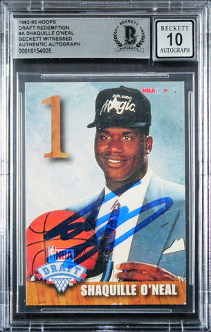 Magic Shaquille O'Neal Signed 1992 Hoops DR #A Rookie Card Auto 10! BAS Slabbed