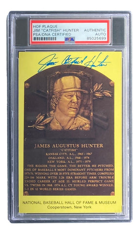 Jim Catfish Hunter Signed 4x6 New York Yankees HOF Plaque Card PSA 85025699
