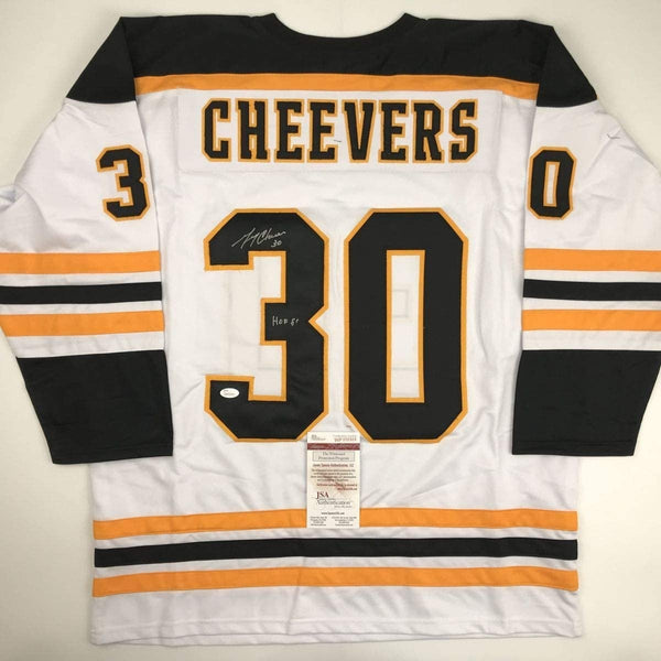 Autographed/Signed GERRY CHEEVERS HOF 85 Boston White Jersey JSA COA Auto