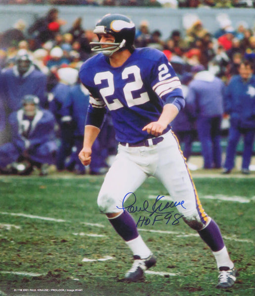 Paul Krause Signed Minnesota Vikings Action 16x20 Photo w/HOF'98 (SCHWARTZ COA)