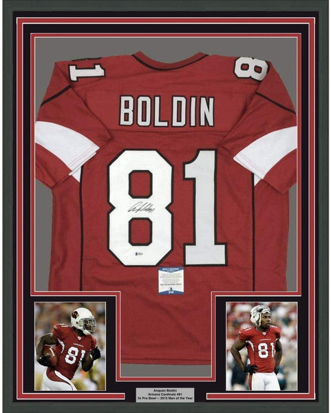 FRAMED Autographed/Signed ANQUAN BOLDIN 35x39 Arizona Red Jersey BAS COA