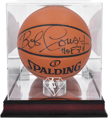 Bob Cousy Celtics Signed Spalding Basketball Ins & 75 Anniversary Display Case