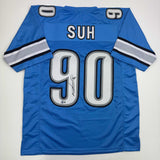 Autographed/Signed Ndamukong Suh Detroit Blue Football Jersey Beckett BAS COA