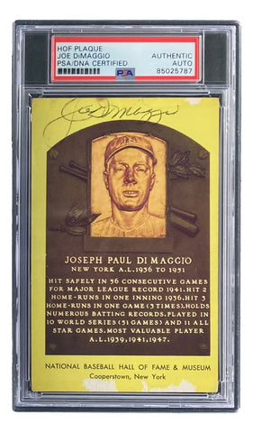 Joe DiMaggio Signed 4x6 New York Yankees HOF Plaque Card PSA 85025787