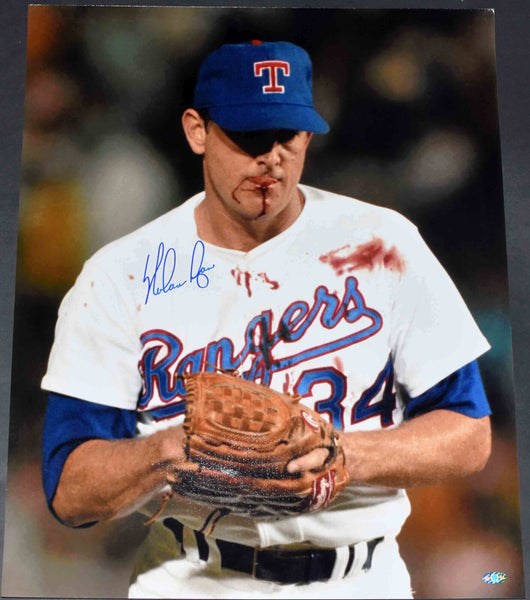 NOLAN RYAN AUTOGRAPHED TEXAS RANGERS BLOODY LIP 16x20 PHOTO - HOLO
