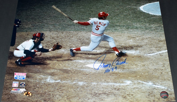 JOHNNY BENCH SIGNED CINCINNATI REDS 1975 WORLD SERIES 16x20 PHOTO W/ HOF 89