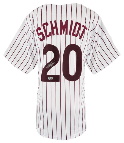 Mike Schmidt Signed White Pinstripe Throwback Custom Baseball Jersey - (Beckett)