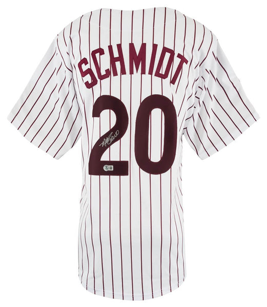 Mike Schmidt Signed White Pinstripe Throwback Custom Baseball Jersey - (Beckett)