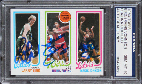 Bird, Erving & Magic Signed 1980 Topps Rookie Card Autos Graded 10! PSA Slabbed