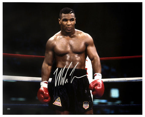 Mike Tyson Signed Boxing Black Trunks Action 16x20 Photo - (SCHWARTZ COA)