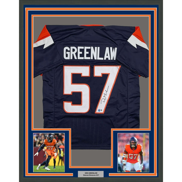 Framed Autographed/Signed Dre Greenlaw 35x39 Denver Blue Jersey Beckett COA