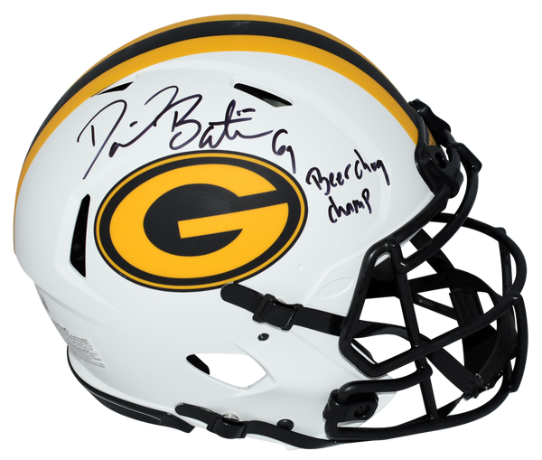 DAVID BAKHTIARI SIGNED GREEN BAY PACKERS AUTHENTIC LUNAR HELMET BEER CHUG CHAMP