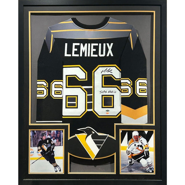 Mario Lemieux Autographed Signed Framed Penguins Stripes Jersey STEINER