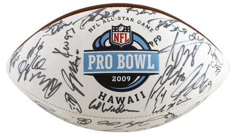 2009 Pro Bowl (40+) Brees, Peterson, Willis Signed White Panel Logo Football JSA