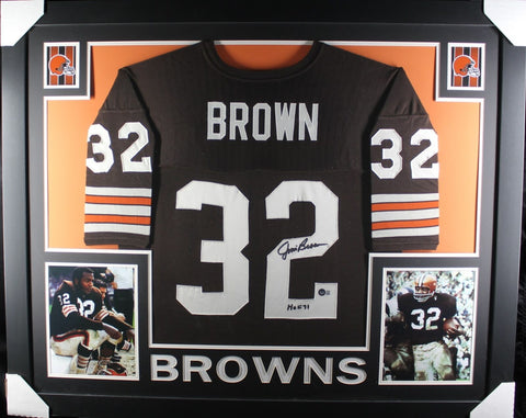 Jim Brown Autographed/Signed Pro Style Framed Brown Jersey Beckett 40121